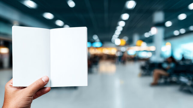 Hand holding blank open passport booklet, showing empty pages for copy space at airport terminal