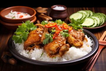 Fototapeta premium Glazed chicken wings serving with steamed rice, fresh chili slices, and cilantro on a dark plate