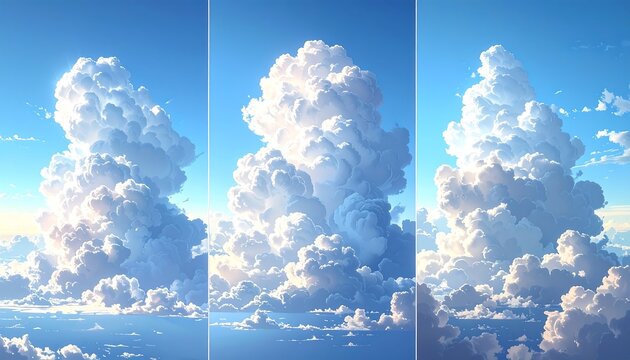 Towering clouds fill the sky in a serene, bright anime-inspired scenery, light bouncing beautifully off soft layers