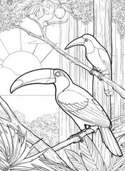 Fototapeta premium Tropical toucan birds coloring page for adults and kids, exotic jungle rainforest landscape with sun and trees black and white line art illustration, bird watching nature scene for creative hobby