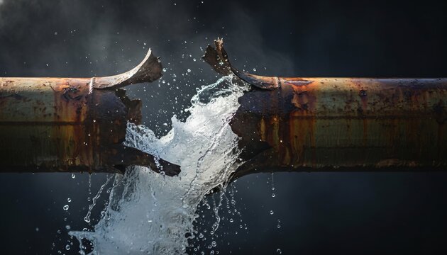 Water leaking from a burst old metal pipe with rusty surface. Damage problems with plumbing system concept. Emergency repair solution.