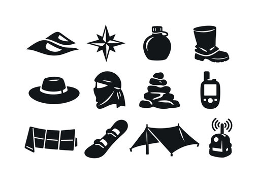 Solid vector icons of desert exploration adventure: sand dune, compass rose, canteen, gaiter, wide hat, sun scarf, trail cairn,