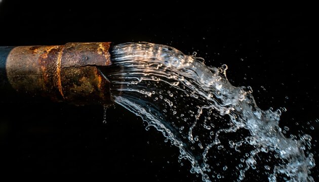 Clean water gushing from a rusty metal pipe against a dark background, representing pollution, waste, drain, and flush concept.