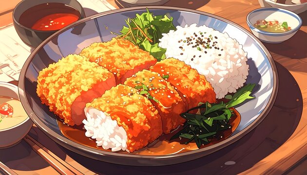 Tonkatsu plate with rice and greens, rendered in an anime style, on a wooden table with side dishes around
