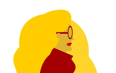 Ilustración de mujer blanca de pelo rubio con lentes. Vector color con estilo minimalista. Diseño de personaje de perfil.