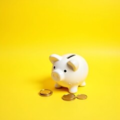 White piggy bank with coins on bright yellow background saving money