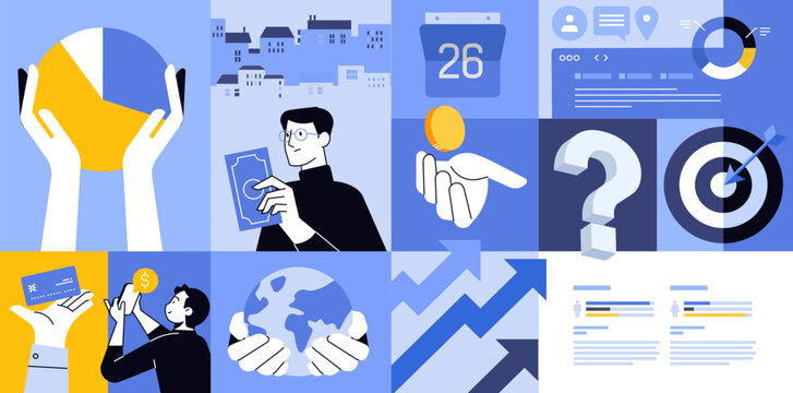 Business and Finance Mosaic Illustration Global Capital, Investment Growth and Strategic Planning Tile Art in Navy, Periwinkle and Citrus Yellow