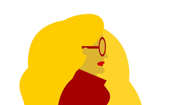 Ilustraci&oacute;n de mujer blanca de pelo rubio con lentes. Vector color con estilo minimalista. Dise&ntilde;o de personaje de perfil.
