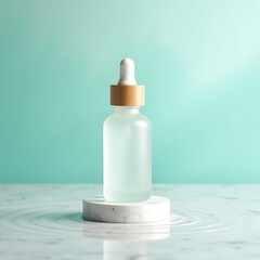 Elegant dropper bottle on marble stand with mint background
