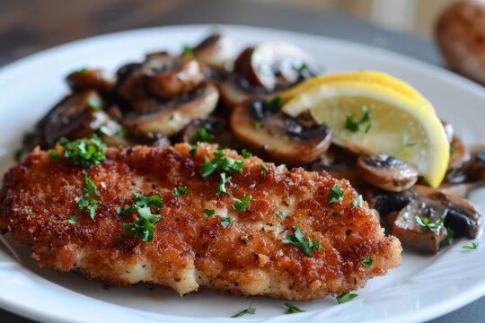 Close up of a golden brown breaded chicken breast served with sauteed mushrooms and a lemon wedge, garnished with fresh parsley