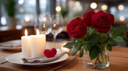 Obraz premium Valentine's Day romantic dinner table with red roses, candles, and heart decorations in a cozy restaurant, ideal for February holiday celebration, romantic lifestyle, love tradition, couples