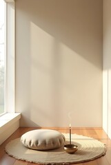 Serene meditation space with candle and cushion by window