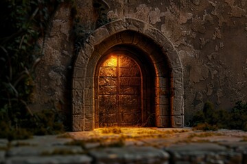 Obraz premium Enigmatic wooden door, emanating a warm glow, is set within an ancient stone wall adorned with intricate carvings, creating a captivating scene of mystery and history