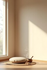 Serene meditation space with smudging bowl and candles by window