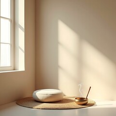 Serene meditation space with incense and cushion
