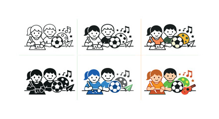 Children&rsquo;s hobbies icon showing kids engaged in various playful and creative activities such as drawing, sports, and music, with