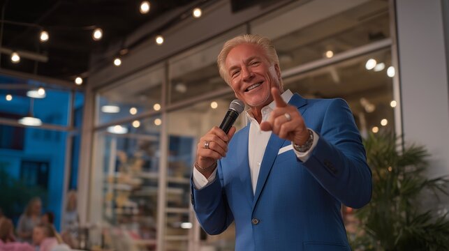 Charismatic late night show host engaging a lively audience with humor and charisma during an electrifying live performance. The set glows with colorful lights, and guests are laughing while the