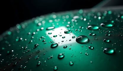 Glowing green water droplets on a sleek surface