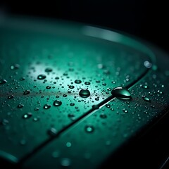 Water droplets on green surface with dark background