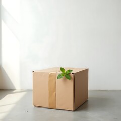 Brown cardboard box with green plant sprout on top in modern room