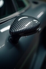 Sleek carbon fiber car side mirror on modern vehicle
