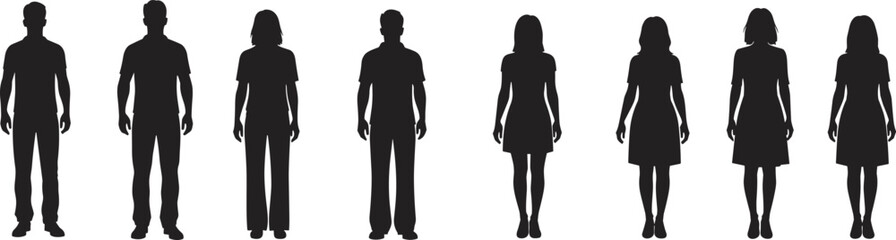 Obraz premium Silhouettes of men and women standing in a row, representing gender diversity, demographics, equality, and group identity for creative design, illustration, and commercial use