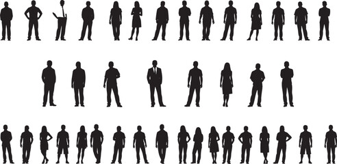 Thirty human silhouettes arranged in three rows, showcasing diverse male and female figures with varied postures and body shapes for anatomy, design, fashion, and diversity studies