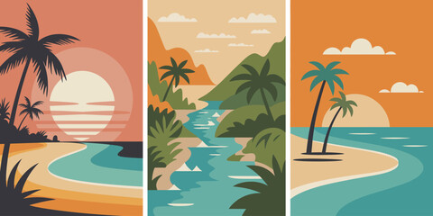 Obraz premium Palm Tree Horizontal Triptych poster set, retro coastal artwork with layered pastel sunset tones