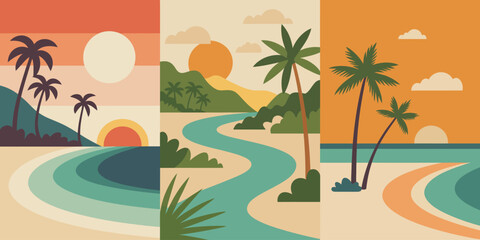 Fototapeta premium Palm Tree Horizontal Triptych poster, coral pink cream turquoise and olive green silhouette design