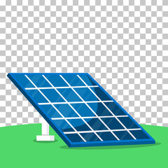 Blue solar panel standing on green grass, representing renewable energy and sustainable technology.