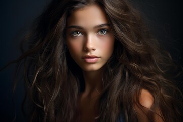 Naklejka premium Young woman with natural beauty looking forward with long wavy brown hair on a dark background