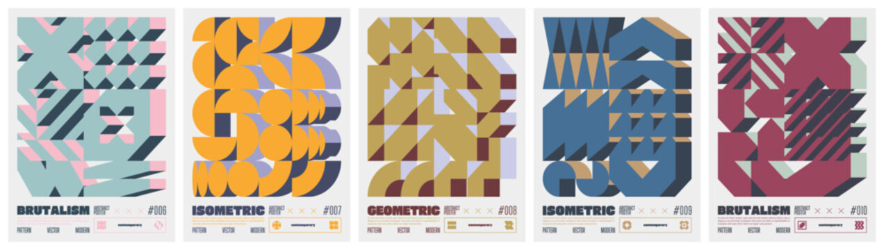 Color pastel vector trendy simple modern isometric mosaic pattern, composition of 3D elements, A4 bold minimalistic poster, Postmodern abstract geometric ornament in brutalism aesthetics, set 2