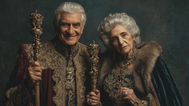 Royal elderly couple portrait. Majestic king and queen with scepters. Detailed historical costumes, regal appearance. Elegant older pair, serious expressions, renaissance style.