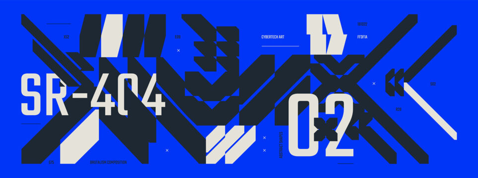 Flat futuristic background with brutalism shapes, technology Hi Tech y2k ornament, Abstract blue cyberpunk banner with future tech geometric elements in Ski Fi style, Cyberspace gaming dashboard