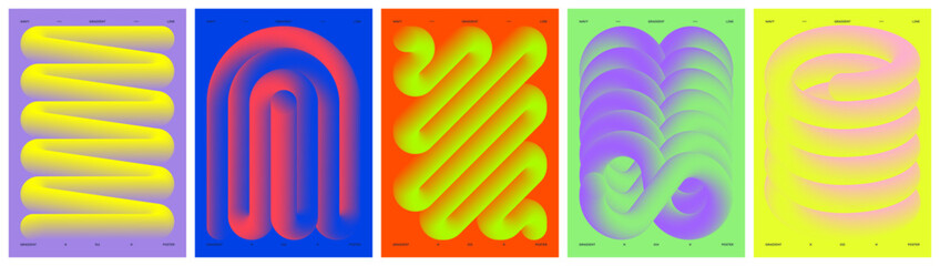 Vector minimalistic posters with twisted volumetric line, Colorful iridescent color wavy shape, Dynamic multicolored gradient line and loops, Geometric background neon curved form set 3
