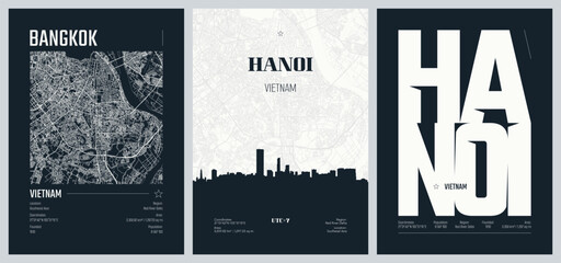 Set of travel posters with Hanoi, Vietnam, detailed urban street plan city map, Silhouette city skyline, vector artwork, set 2