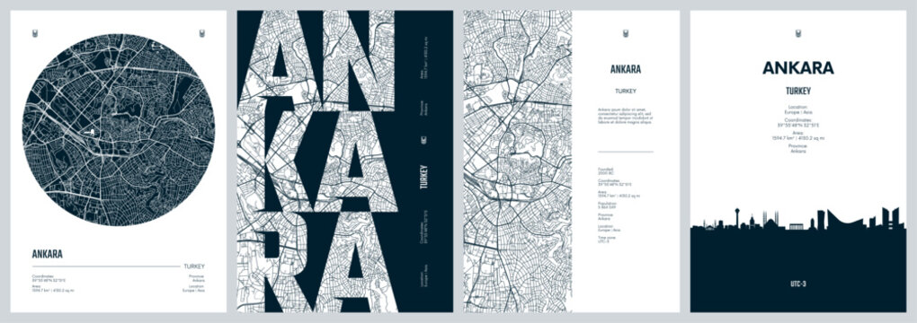 Set of travel posters with Ankara, capital of Turkey, detailed urban street plan city map, Silhouette city skyline, vector artwork