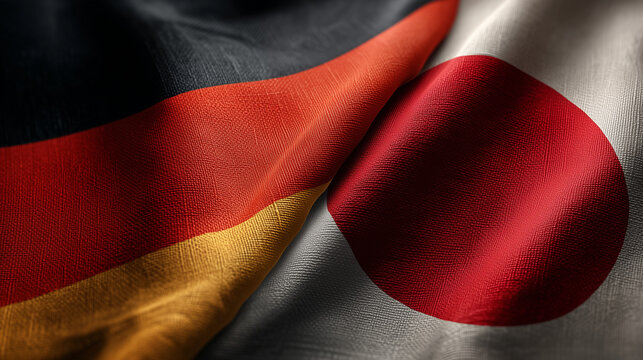german flag waving next to japanese flag. relations between germany and japan. friendship partnership trade deals agreements