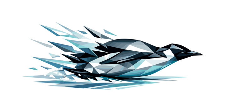 Low-poly vector illustration of a penguin regaining control and surging smoothly across the ice, streamlined angular body aligned