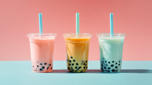 Colorful bubble tea drinks lined up on a pastel background.