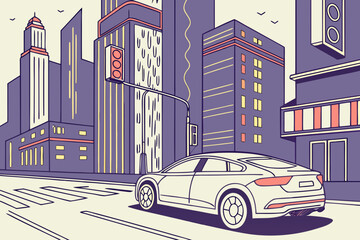 Naklejka premium Sleek Car Driving Through Modern City Street Scene.