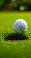 Obraz premium Golf ball balanced on the edge of a hole on a green course.