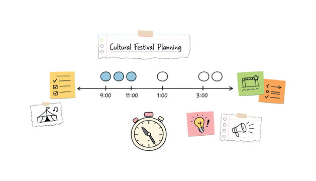 Daily schedule timeline with time blocks, timer and notebook page scraps, sticky notes and progress dots for Cultural festival