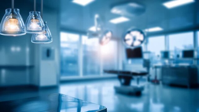 State of the art operating theater featuring high tech surgical lights and stainless steel surfaces, emphasizing hygiene and innovation. Empty hospital room ready for medical procedures