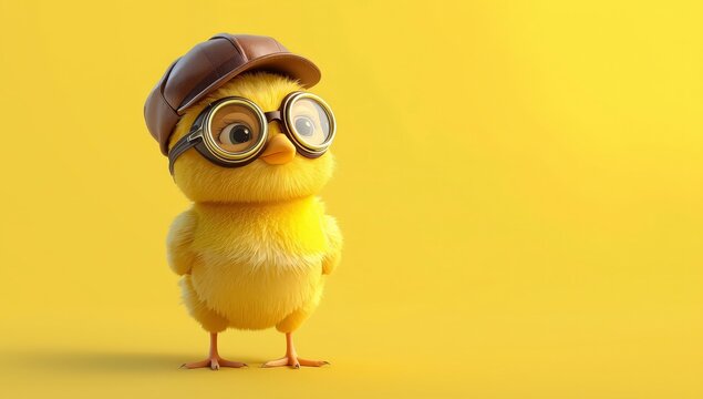 Cute yellow chick wearing glasses and a cap stands on a bright yellow background in a fun and playful pose