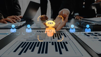 Modern office meeting highlights collaboration with technology. Robotic assistance aids data...