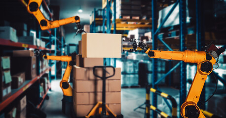 Fototapeta premium Smart robot arm system for innovative warehouse and factory digital technology . Automation manufacturing robot controlled by industry engineering using IOT software connected to internet network .