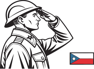 War ii soldier silhouette saluting with czech flag salute military