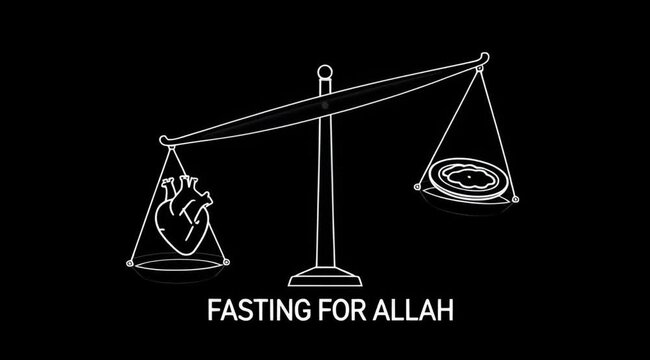 Conceptual illustration of spiritual discipline, depicting a balance scale weighing the human heart against a symbol of sustenance, representing self-control and devotion