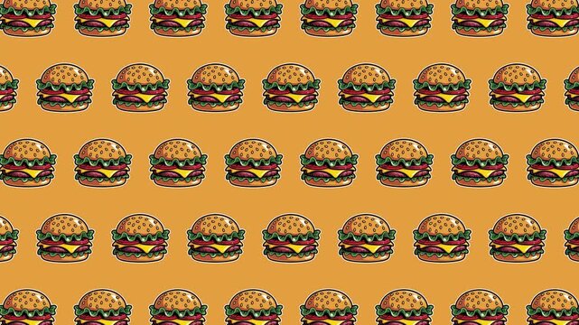 Seamless Cheeseburger Sticker Pattern Background, Fast Food Repeat Animated Loopable Design